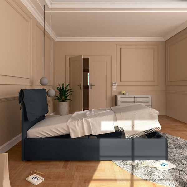 Letto contenitore singolo in tessuto sfoderabile grigio grafite Licia Soft Baldiflex laterale