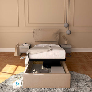 Letto contenitore singolo in tessuto sfoderabile grigio talpa Licia Soft Baldiflex fronte