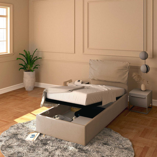 Letto contenitore singolo in tessuto sfoderabile grigio talpa Licia Soft Baldiflex