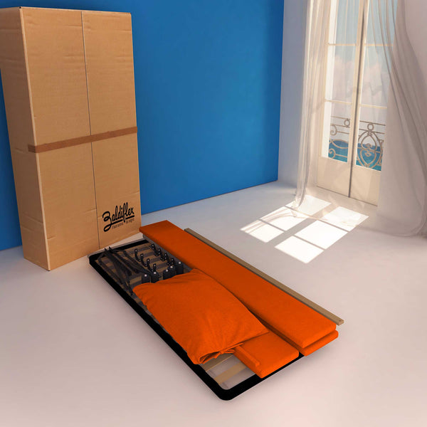 Letto contenitore singolo in tessuto sfoderabile arancione Licia Soft Baldiflex cartone