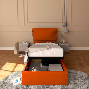 Letto contenitore singolo in tessuto sfoderabile arancione Licia Soft Baldiflex fronte
