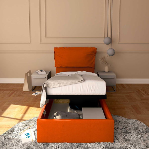 Letto contenitore singolo in tessuto sfoderabile arancione Licia Soft Baldiflex fronte