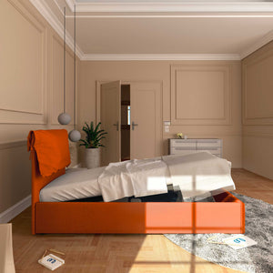 Letto contenitore singolo in tessuto sfoderabile arancione Licia Soft Baldiflex laterale