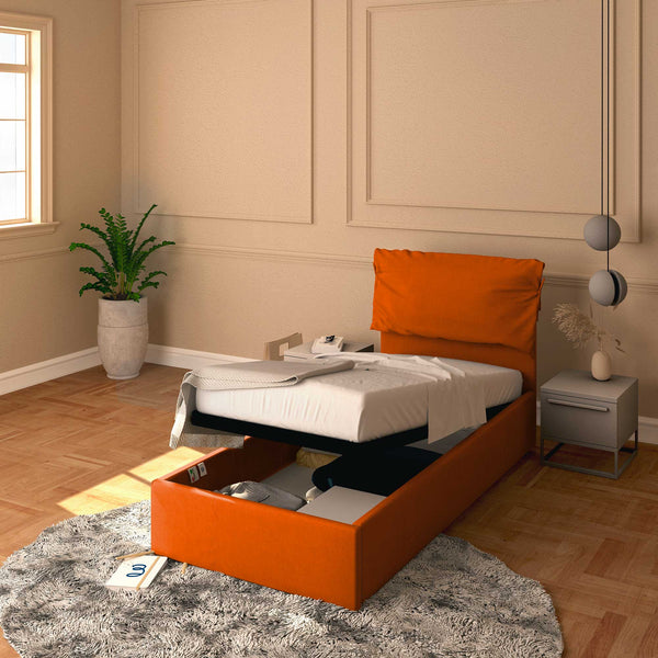 Letto contenitore singolo in tessuto sfoderabile arancione Licia Soft Baldiflex