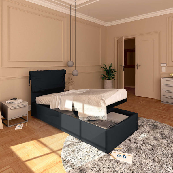 Letto contenitore singolo in tessuto sfoderabile nero Licia Soft Baldiflex lato