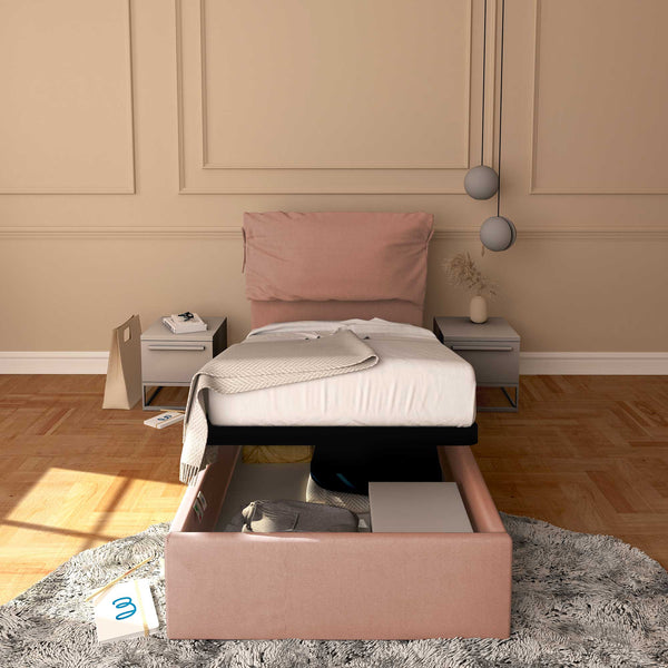 Letto contenitore singolo in tessuto sfoderabile rosa antico Licia Soft Baldiflex fronte