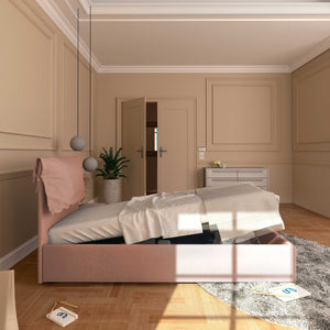 Letto contenitore singolo in tessuto sfoderabile rosa antico Licia Soft Baldiflex laterale