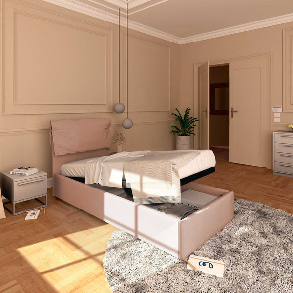 Letto contenitore singolo in tessuto sfoderabile rosa antico Licia Soft Baldiflex lato