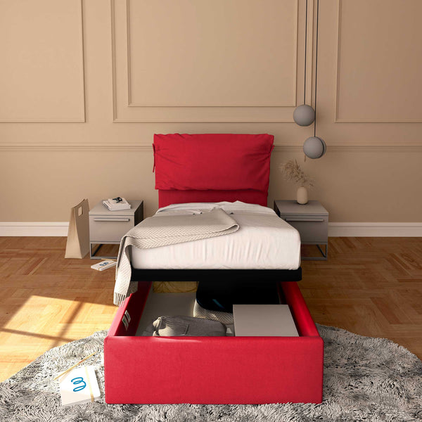 Letto contenitore singolo in tessuto sfoderabile rosso Licia Soft Baldiflex fronte