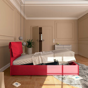 Letto contenitore singolo in tessuto sfoderabile rosso Licia Soft Baldiflex laterale