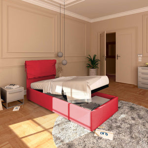 Letto contenitore singolo in tessuto sfoderabile rosso Licia Soft Baldiflex lato