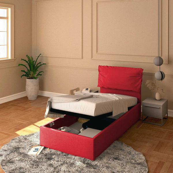 Letto contenitore singolo in tessuto sfoderabile rosso Licia Soft Baldiflex