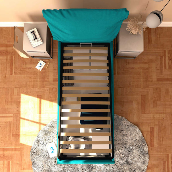 Letto contenitore singolo in tessuto sfoderabile turchese Licia Soft Baldiflex dall'alto
