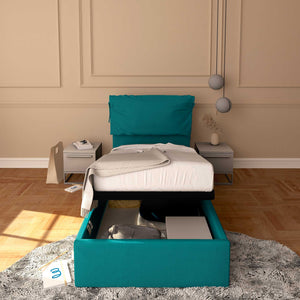 Letto contenitore singolo in tessuto sfoderabile turchese Licia Soft Baldiflex fronte