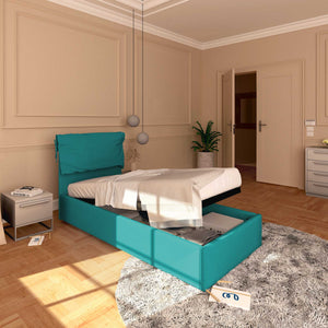 Letto contenitore singolo in tessuto sfoderabile turchese Licia Soft Baldiflex lato