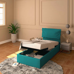 Letto contenitore singolo in tessuto sfoderabile turchese Licia Soft Baldiflex
