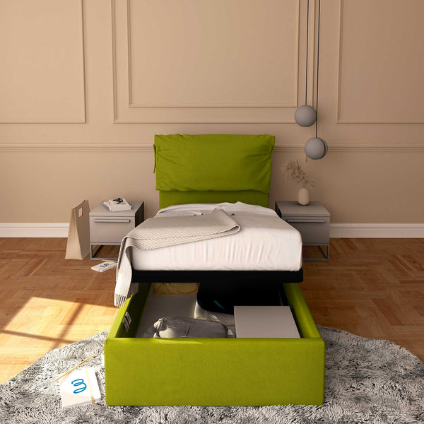 Letto contenitore singolo in tessuto sfoderabile verde Licia Soft Baldiflex fronte