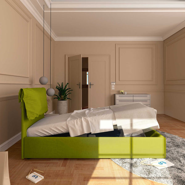 Letto contenitore singolo in tessuto sfoderabile verde Licia Soft Baldiflex laterale