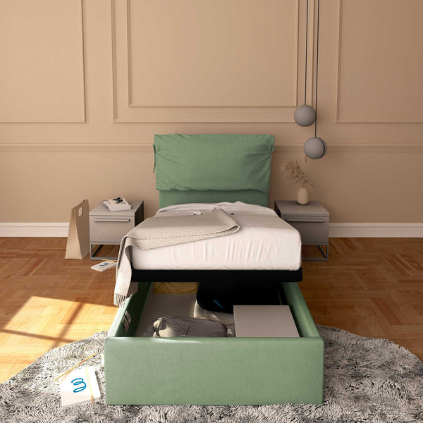 Letto contenitore singolo in tessuto sfoderabile verde menta Licia Soft Baldiflex fronte