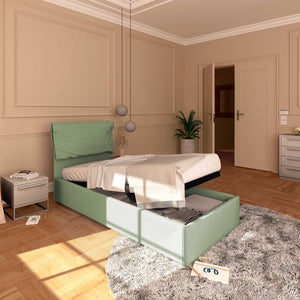 Letto contenitore singolo in tessuto sfoderabile verde menta Licia Soft Baldiflex lato