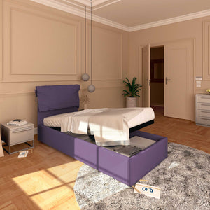 Letto contenitore singolo in tessuto sfoderabile viola Licia Soft Baldiflex lato