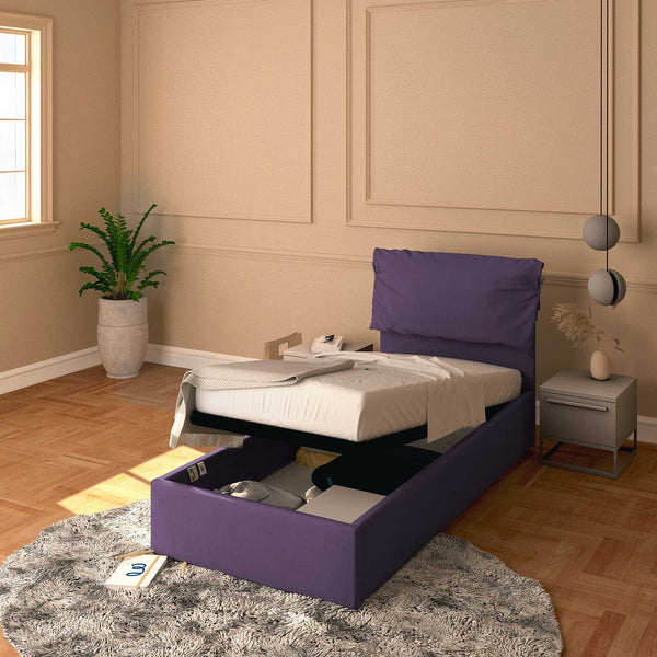 Letto contenitore singolo in tessuto sfoderabile viola Licia Soft Baldiflex