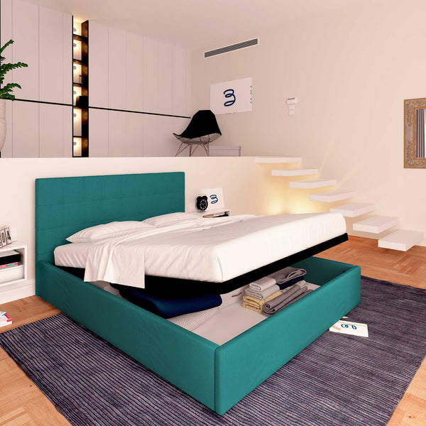 Letto contenitore singolo in tessuto turchese Baldiflex Dublino lato