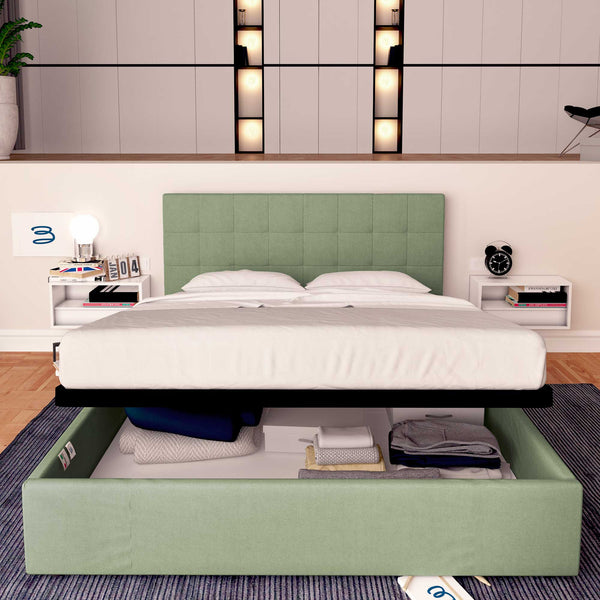 Letto contenitore singolo in tessuto verde menta Baldiflex Dublino fronte
